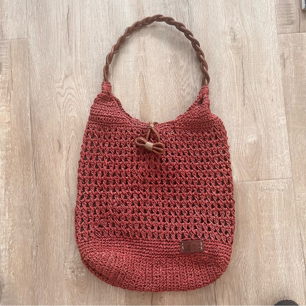VTG Market Tote Woven Jute‎ Leather Handle Straw Sisal Shoulder Bag, Handmade